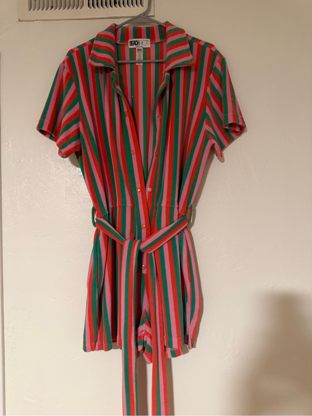 Beach Riot Multicolor Striped Snap Romper in Coral, Green & Pink